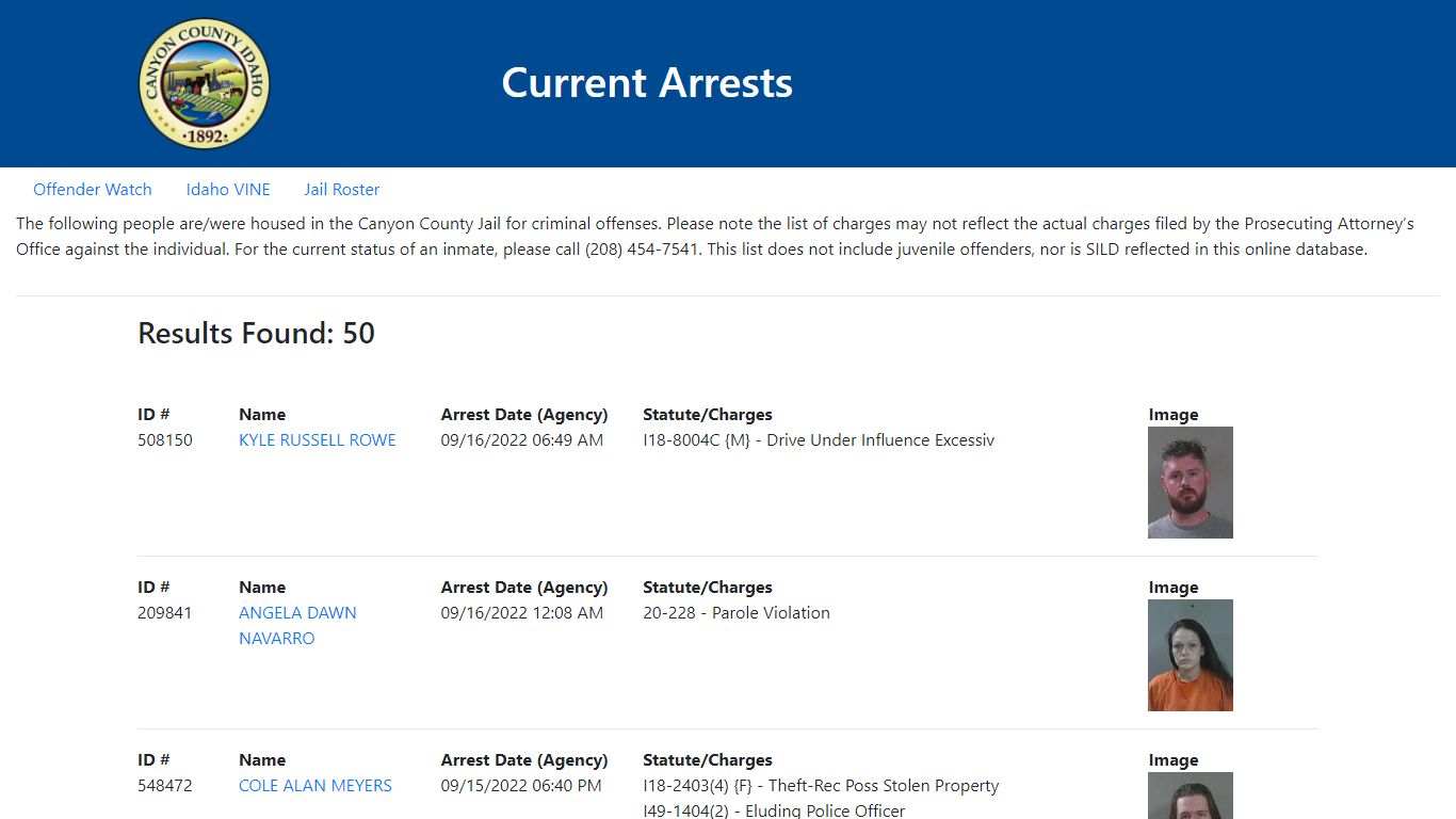 Current Arrests - Canyon County, Idaho